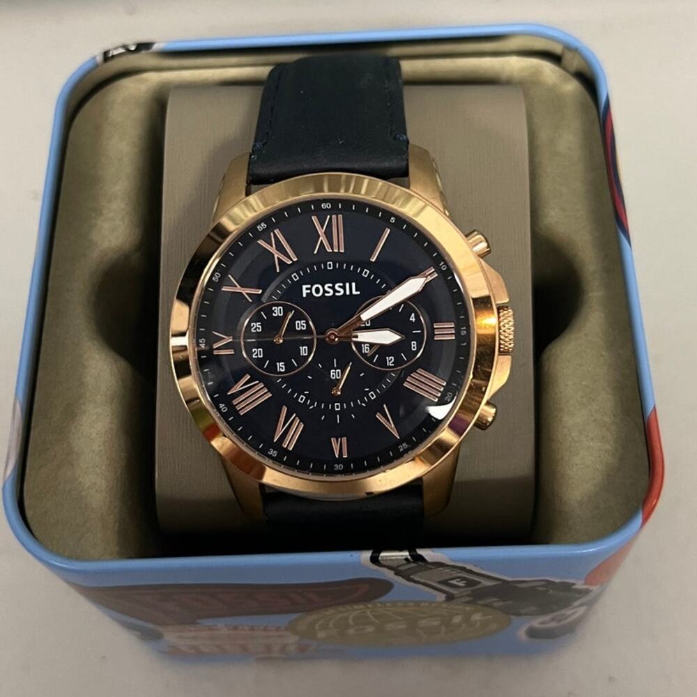Fossil FS4835 Grant Men Rose Gold Chronograph Navy Leather Quartz Watch